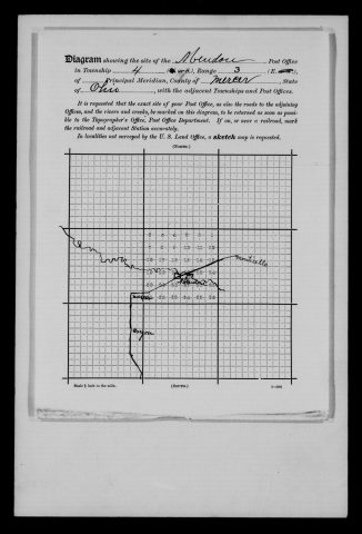 Original filename: M1126-460-0474.jpg
Image filename: M1126-460-0474-Mendon.jpg
Post office / subject: Mendon

Readable information (selective summary):
Site diagram Mendon, township four, range three. Shows Mendon on river with Mercer southwest, Celina farther south and Monticello northeast; roads/rail line.

Reading notes: This is a visual reading and selective summary, not a full transcription. Unclear readings are marked uncertain, tentative, faint, or with a question mark. Office names on blank reverse sides may be identified from adjoining records as stated above.
