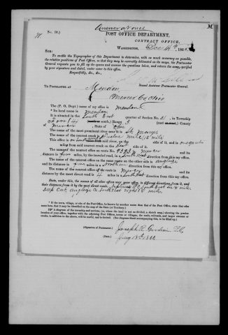 Original filename: M1126-460-0476.jpg
Image filename: M1126-460-0476-Mendon.jpg
Post office / subject: Mendon

Readable information (selective summary):
January 18, 1866 report, Joseph R. Gordon. Southeast quarter section 21, township four, range three. South bank St. Marys River; Twelve Mile Creek quarter mile east. Route 9393; Mercer four miles southwest, Auglaize five north; Neptune six southeast, Deep Cut eight northeast.

Reading notes: This is a visual reading and selective summary, not a full transcription. Unclear readings are marked uncertain, tentative, faint, or with a question mark. Office names on blank reverse sides may be identified from adjoining records as stated above.