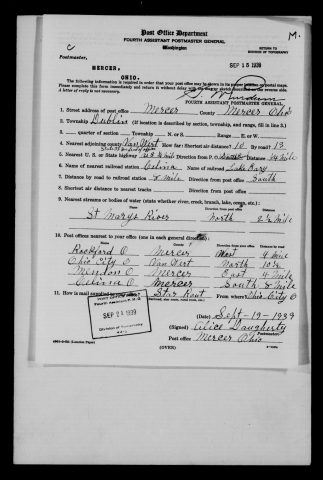Original filename: M1126-460-0477.jpg
Image filename: M1126-460-0477-Mercer.jpg
Post office / subject: Mercer

Readable information (selective summary):
September 19, 1939 report, Alice Daugherty. Dublin Township, Mercer County. Celina railroad station eight miles south; St. Marys River 2.5 miles north. Rockford four miles west, Ohio City 10.5 north, Mendon four east, Celina eight south. Star route from Ohio City.

Reading notes: This is a visual reading and selective summary, not a full transcription. Unclear readings are marked uncertain, tentative, faint, or with a question mark. Office names on blank reverse sides may be identified from adjoining records as stated above.