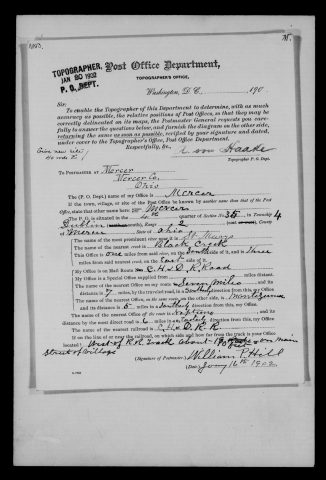 Original filename: M1126-460-0479.jpg
Image filename: M1126-460-0479-Mercer.jpg
Post office / subject: Mercer

Readable information (selective summary):
January 16, 1902 report, William P. Hill. Annotation new site forty rods east. Section 35, township four/Dublin, range two. St. Marys River one mile north; Black Creek three miles west. C.H. & D. railroad; nearby Celina, Montezuma and Neptune. Some route answers incomplete or ambiguous.

Reading notes: This is a visual reading and selective summary, not a full transcription. Unclear readings are marked uncertain, tentative, faint, or with a question mark. Office names on blank reverse sides may be identified from adjoining records as stated above.