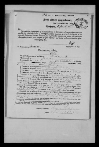 Original filename: M1126-460-0481.jpg
Image filename: M1126-460-0481-Mercer.jpg
Post office / subject: Mercer

Readable information (selective summary):
April 1878 report, Benjamin Ketcham (signature tentative). Mercer, Ohio; northwest quarter section 36, township four, range two. St. Marys River two miles north. Nearby Shanesville six miles northwest, Neptune 6.5 southeast, Mendon 4.5 northeast, Celina seven south. Several faint entries not confidently read.

Reading notes: This is a visual reading and selective summary, not a full transcription. Unclear readings are marked uncertain, tentative, faint, or with a question mark. Office names on blank reverse sides may be identified from adjoining records as stated above.