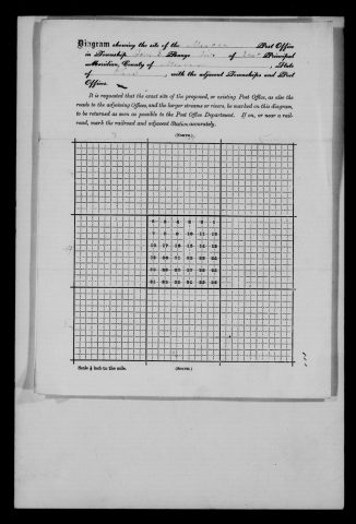 Original filename: M1126-460-0482.jpg
Image filename: M1126-460-0482-Mercer.jpg
Post office / subject: Mercer

Readable information (selective summary):
Reverse diagram header names Mercer, township four south, range two east, Mercer County, Ohio. Grid has no substantive location sketch.

Reading notes: This is a visual reading and selective summary, not a full transcription. Unclear readings are marked uncertain, tentative, faint, or with a question mark. Office names on blank reverse sides may be identified from adjoining records as stated above.