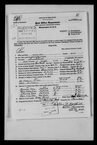 Original filename: M1126-460-0483.jpg
Image filename: M1126-460-0483-Mercer.jpg
Post office / subject: Mercer

Readable information (selective summary):
Change-of-site statement October 28, 1949, acting postmaster Dollie O. Halfhill (name reading tentative). Dublin Township. Move 600 ft north; highway 707 twenty ft north. Rockford New York Central station four miles northwest. St. Marys River two miles north; lake seven south. Nearby Mendon, Rockford, Celina, Ohio City. Star route from Van Wert.

Reading notes: This is a visual reading and selective summary, not a full transcription. Unclear readings are marked uncertain, tentative, faint, or with a question mark. Office names on blank reverse sides may be identified from adjoining records as stated above.