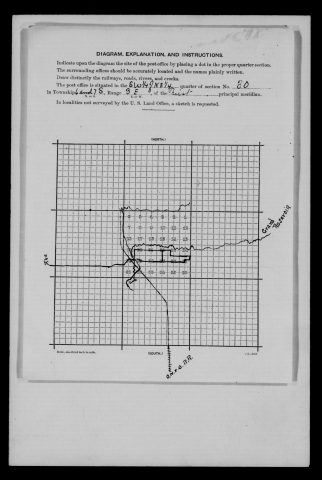 Original filename: M1126-460-0490.jpg
Image filename: M1126-460-0490-Montezuma.jpg
Post office / subject: Montezuma

Readable information (selective summary):
Supporting diagram section 30, range three east. Grand Reservoir, pike, streets and C.H. & D. railroad. Office association from 0489.

Reading notes: This is a visual reading and selective summary, not a full transcription. Unclear readings are marked uncertain, tentative, faint, or with a question mark. Office names on blank reverse sides may be identified from adjoining records as stated above.