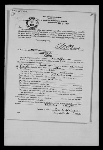Original filename: M1126-460-0495.jpg
Image filename: M1126-460-0495-Montezuma.jpg
Post office / subject: Montezuma

Readable information (selective summary):
December 20, 1907 report, Levi E. Springer. Change site 38 rods east. Northwest quarter section 29, Franklin Township, range three. Beaver Creek; office on east side of railroad, 1,400 ft from track. Most nearby-office fields blank.

Reading notes: This is a visual reading and selective summary, not a full transcription. Unclear readings are marked uncertain, tentative, faint, or with a question mark. Office names on blank reverse sides may be identified from adjoining records as stated above.