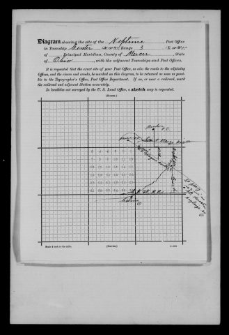 Original filename: M1126-460-0498.jpg
Image filename: M1126-460-0498-Neptune.jpg
Post office / subject: Neptune

Readable information (selective summary):
Center Township, range three site diagram. Neptune, Mendon, Mercer, Celina, St. Marys, river, Eight Mile Creek and railroads shown.

Reading notes: This is a visual reading and selective summary, not a full transcription. Unclear readings are marked uncertain, tentative, faint, or with a question mark. Office names on blank reverse sides may be identified from adjoining records as stated above.