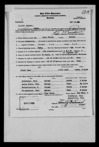 Original filename: M1126-460-0529.jpg
Image filename: M1126-460-0529-Saint-Henry.jpg
Post office / subject: Saint Henry

Readable information (selective summary):
Location report September 21, 1939, Albert J. Beckman. Main Street, Granville Township, Mercer County. State 119; Cincinnati Northern station .22 mile west; Grand Lake about nine miles northeast. Nearby Coldwater, Maria Stein, Burkettsville, Fort Recovery.

Reading notes: This is a visual reading and selective summary, not a full transcription. Unclear readings are marked uncertain, tentative, faint, or with a question mark. Office names on blank reverse sides may be identified from adjoining records as stated above.