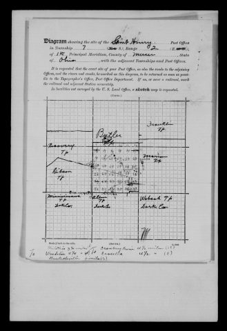Original filename: M1126-460-0535.jpg
Image filename: M1126-460-0535-Saint-Henry.jpg
Post office / subject: Saint Henry

Readable information (selective summary):
Site diagram township 7 south, range 2 east. St. Henry and surrounding townships; Philothea 3¼ miles north, Wendelin 4¼ southwest, Burkettsville six south, Cranberry Prairie 4½ southeast, Cassella 4½ east.

Reading notes: This is a visual reading and selective summary, not a full transcription. Unclear readings are marked uncertain, tentative, faint, or with a question mark. Office names on blank reverse sides may be identified from adjoining records as stated above.