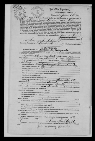 Original filename: M1126-460-0547.jpg
Image filename: M1126-460-0547-Saint-Rosa.jpg
Post office / subject: Saint Rosa

Readable information (selective summary):
Application June 18, 1878, Lorenz Sechtefeld (surname reading tentative). St. Rosa; another proposed name crossed out, unreadable. SE quarter section 28, township 7, range 3, Mercer County. Maria Stein 2½ miles east, Cassella two west; village population 100, service population 400.

Reading notes: This is a visual reading and selective summary, not a full transcription. Unclear readings are marked uncertain, tentative, faint, or with a question mark. Office names on blank reverse sides may be identified from adjoining records as stated above.