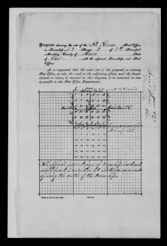 Original filename: M1126-460-0548.jpg
Image filename: M1126-460-0548-Saint-Rosa.jpg
Post office / subject: Saint Rosa

Readable information (selective summary):
Diagram township 7, range 3, Mercer County. Saint Rosa between Cassella and Maria Stein. Note says official township survey could not be obtained and St. Rosa marked in center; marginal date June 1878.

Reading notes: This is a visual reading and selective summary, not a full transcription. Unclear readings are marked uncertain, tentative, faint, or with a question mark. Office names on blank reverse sides may be identified from adjoining records as stated above.