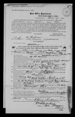 Original filename: M1126-460-0551.jpg
Image filename: M1126-460-0551-Sebastian-Saint-Sebastian.jpg
Post office / subject: Sebastian Saint Sebastian

Readable information (selective summary):
Application March 4, 1882, J. Henry Beckman. Saint Sebastian in heading, Sebastian in proposed-name field; note another name must be selected. Mercer County, Marion Township, NE quarter section 9, range 3 east. Chickasaw 1½ miles northeast, Carthagena three southwest; population village eighty, service125. New Bremen postmaster Wm. Schulenberg certifies.

Reading notes: This is a visual reading and selective summary, not a full transcription. Unclear readings are marked uncertain, tentative, faint, or with a question mark. Office names on blank reverse sides may be identified from adjoining records as stated above.