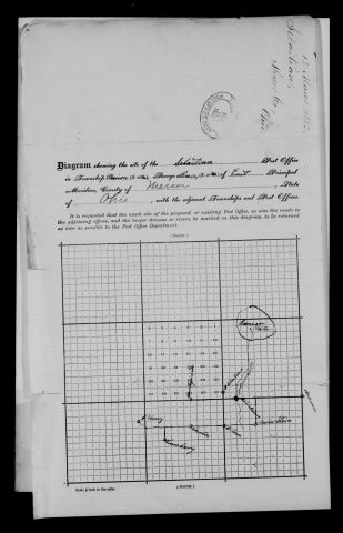 Original filename: M1126-460-0552.jpg
Image filename: M1126-460-0552-Sebastian.jpg
Post office / subject: Sebastian

Readable information (selective summary):
Diagram headed Sebastian; Mercer County, Marion Township, range 3 east. Shows reservoir, Chickasaw, Maria Stein, Cassella, St. Henry and roads. Cover endorsed March 13, 1882.

Reading notes: This is a visual reading and selective summary, not a full transcription. Unclear readings are marked uncertain, tentative, faint, or with a question mark. Office names on blank reverse sides may be identified from adjoining records as stated above.