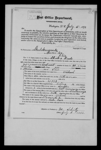 Original filename: M1126-460-0555.jpg
Image filename: M1126-460-0555-Skeels-Cross-Roads.jpg
Post office / subject: Skeels Cross Roads

Readable information (selective summary):
Report July 8, 1898, M. Schnitz (surname uncertain). Skeels Cross Roads, Mercer County, Liberty Township, NW quarter section29, range1east. Scudder two miles east, Chattanooga4½north, Wabash3¾southeast; special supply from Celina12miles, WabashRiver one mile south.

Reading notes: This is a visual reading and selective summary, not a full transcription. Unclear readings are marked uncertain, tentative, faint, or with a question mark. Office names on blank reverse sides may be identified from adjoining records as stated above.