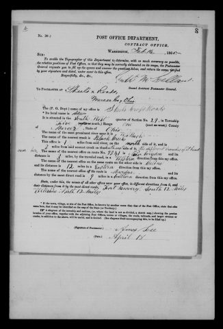 Original filename: M1126-460-0557.jpg
Image filename: M1126-460-0557-Skeels-Cross-Roads.jpg
Post office / subject: Skeels Cross Roads

Readable information (selective summary):
Report April18,1865, Amos Lee. SW quarter section29,township5,range1. WabashRiver one mile south, BlackCreek three miles north; NewCorydon three miles west, Celina12east, Macedon nine south, FortRecovery12south, Willshire12north.

Reading notes: This is a visual reading and selective summary, not a full transcription. Unclear readings are marked uncertain, tentative, faint, or with a question mark. Office names on blank reverse sides may be identified from adjoining records as stated above.