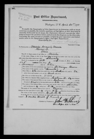 Original filename: M1126-460-0559.jpg
Image filename: M1126-460-0559-Stedcke-Shively.jpg
Post office / subject: Stedcke Shively

Readable information (selective summary):
Report April29,1901, John W. Shively. Office Stedcke, formerly Stedeke as written; local name Shively. NE quarter section21,township5,range2. St.MarysRiver6½miles north, TwelveMileCreek½mile east; Celina5½miles, Hinton four northwest, Tama four northeast; nearest railroad C.&N.

Reading notes: This is a visual reading and selective summary, not a full transcription. Unclear readings are marked uncertain, tentative, faint, or with a question mark. Office names on blank reverse sides may be identified from adjoining records as stated above.
