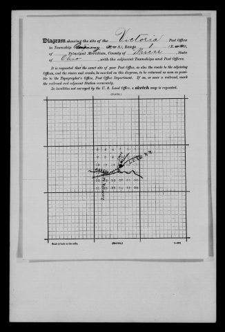 Original filename: M1126-460-0568.jpg
Image filename: M1126-460-0568-Victoria.jpg
Post office / subject: Victoria

Readable information (selective summary):
Diagram RecoveryTownship,range1,MercerCounty,Ohio. Victoria near WabashRiver and LakeErie&WesternRailroad; FortRecovery direction shown.

Reading notes: This is a visual reading and selective summary, not a full transcription. Unclear readings are marked uncertain, tentative, faint, or with a question mark. Office names on blank reverse sides may be identified from adjoining records as stated above.