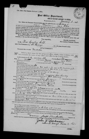 Original filename: M1126-460-0575.jpg
Image filename: M1126-460-0575-Wendelin.jpg
Post office / subject: Wendelin

Readable information (selective summary):
Application January8,1883,Joseph Hendricks; addressed Rev.Ignatius Selb. SE quarter section25,FortRecoveryTownship7,range1,MercerCounty. FortRecovery five northwest,St.Henry five northeast,Victoria about five northwest. WabashRiver1½miles north; LakeErie&WesternRailroad. At least40 persons supplied; certified John J.Beckman,St.Henry.

Reading notes: This is a visual reading and selective summary, not a full transcription. Unclear readings are marked uncertain, tentative, faint, or with a question mark. Office names on blank reverse sides may be identified from adjoining records as stated above.